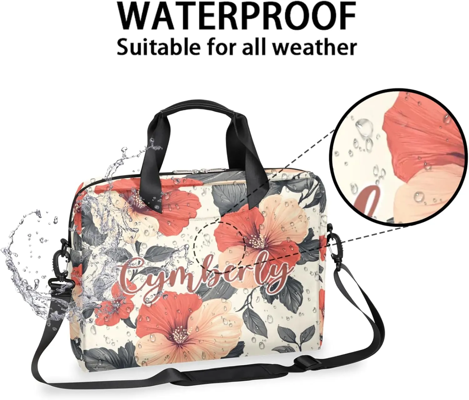 Personalized Name Flower Laptop Bag for Women, Custom Computer Bag Messenger Bags for Work Business, 16 Inch