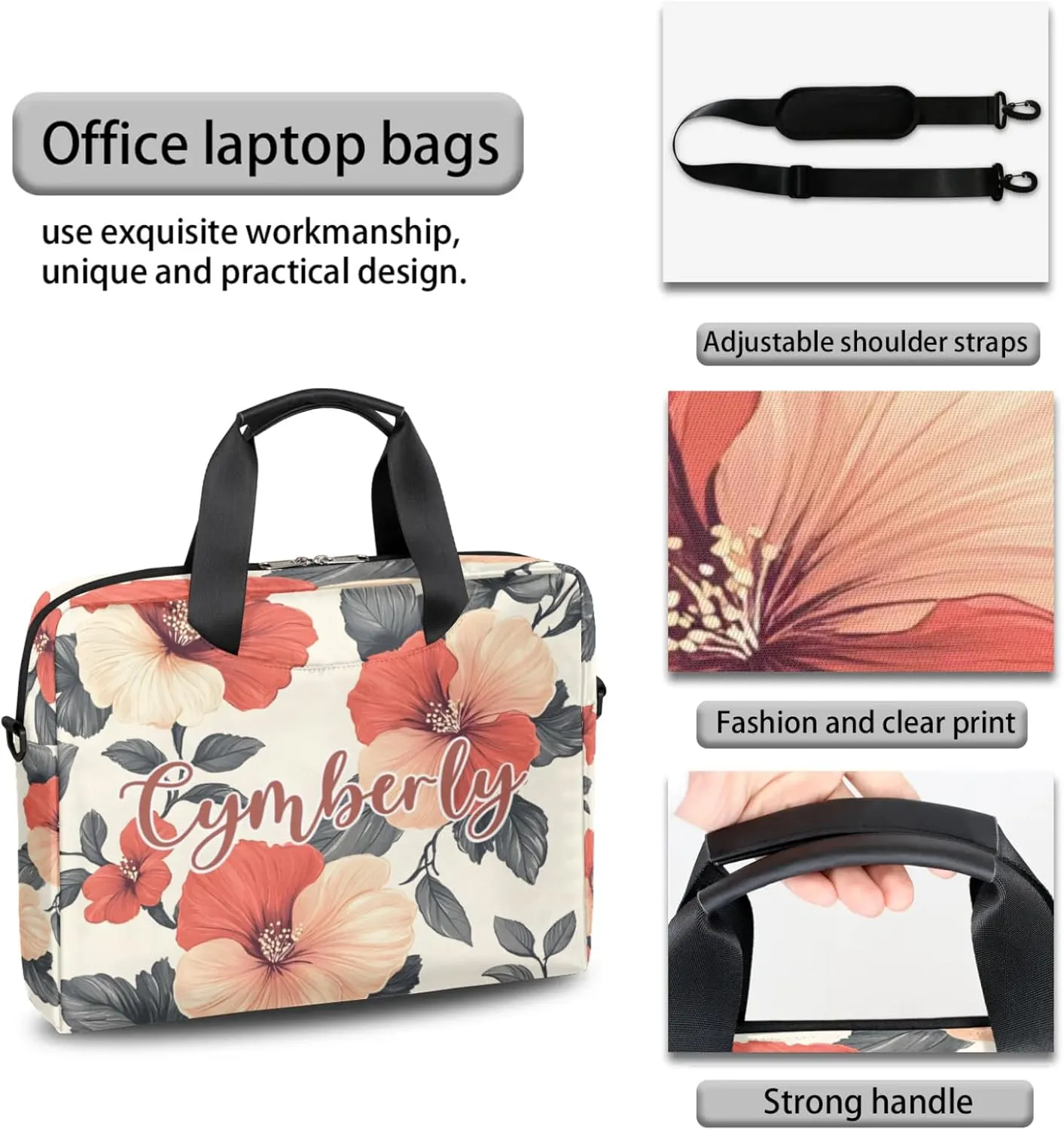 Personalized Name Flower Laptop Bag for Women, Custom Computer Bag Messenger Bags for Work Business, 16 Inch