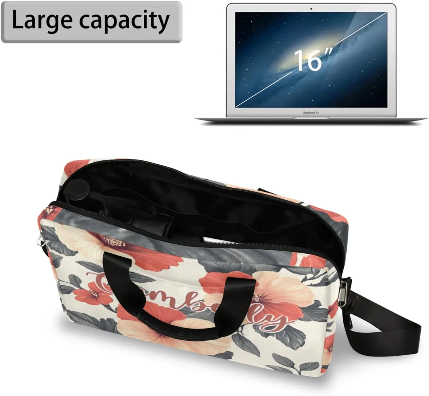 Personalized Name Flower Laptop Bag for Women, Custom Computer Bag Messenger Bags for Work Business, 16 Inch
