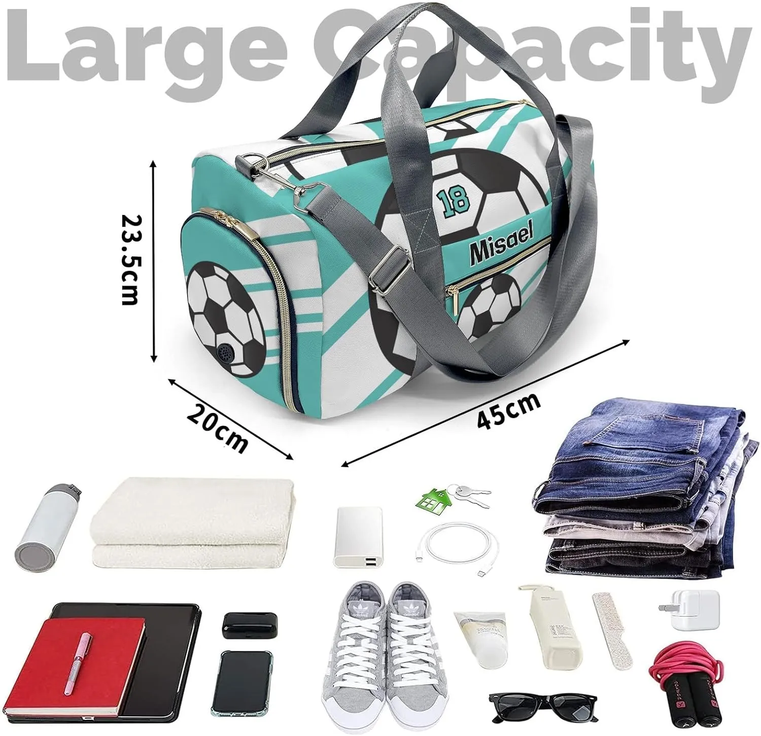 Personalized Sport Soccer Player Number Teal Duffel Bag for Boys,Customized Sport Player Travel Bag for Boys Man Gifts