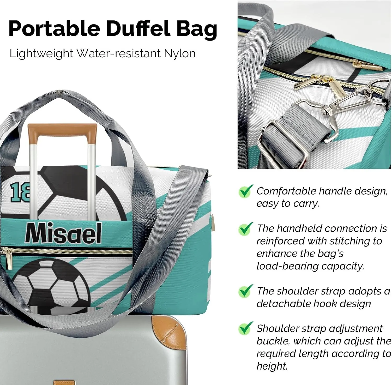 Personalized Sport Soccer Player Number Teal Duffel Bag for Boys,Customized Sport Player Travel Bag for Boys Man Gifts