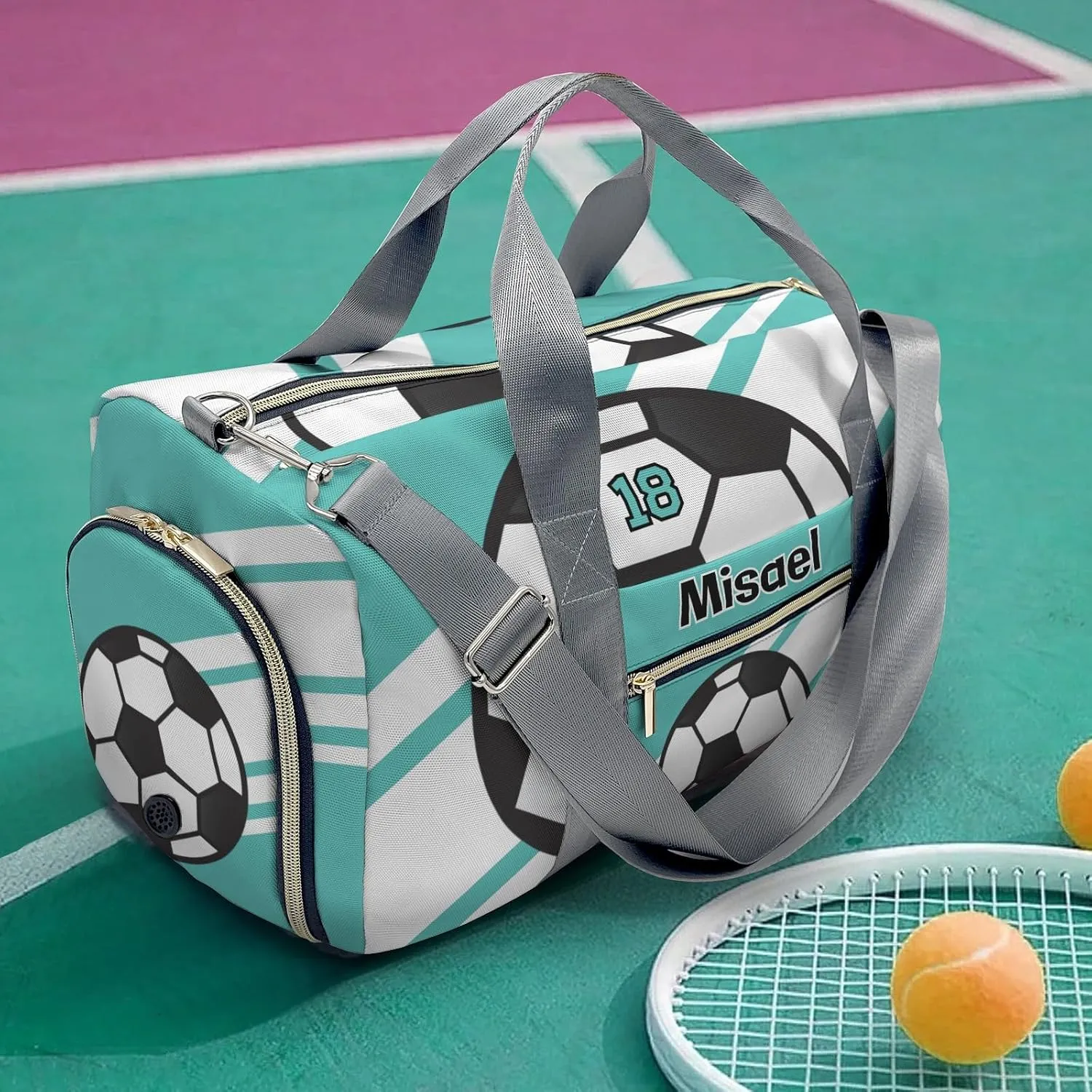 Personalized Sport Soccer Player Number Teal Duffel Bag for Boys,Customized Sport Player Travel Bag for Boys Man Gifts