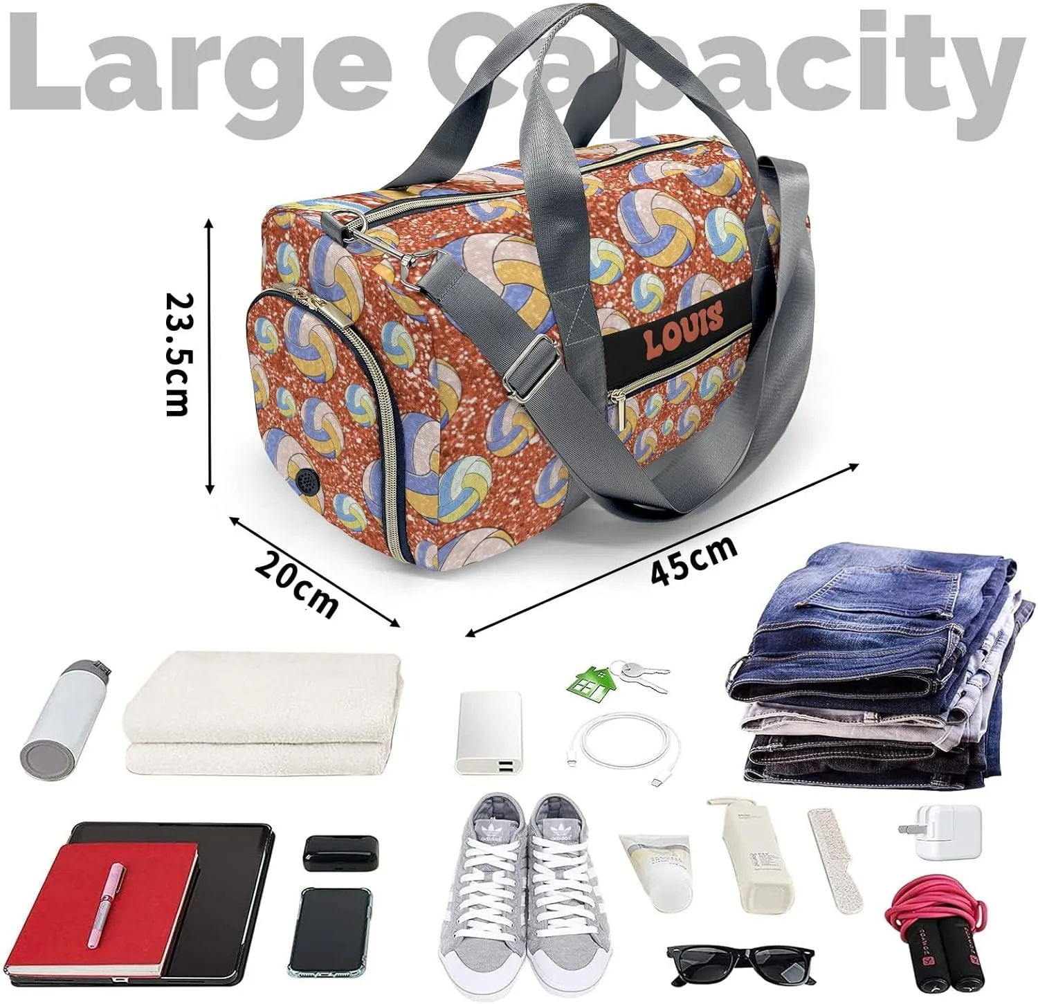 Personalized Sport Volleyball Orange Duffel Bag,Customized Sport Player Travel Bag for Gifts