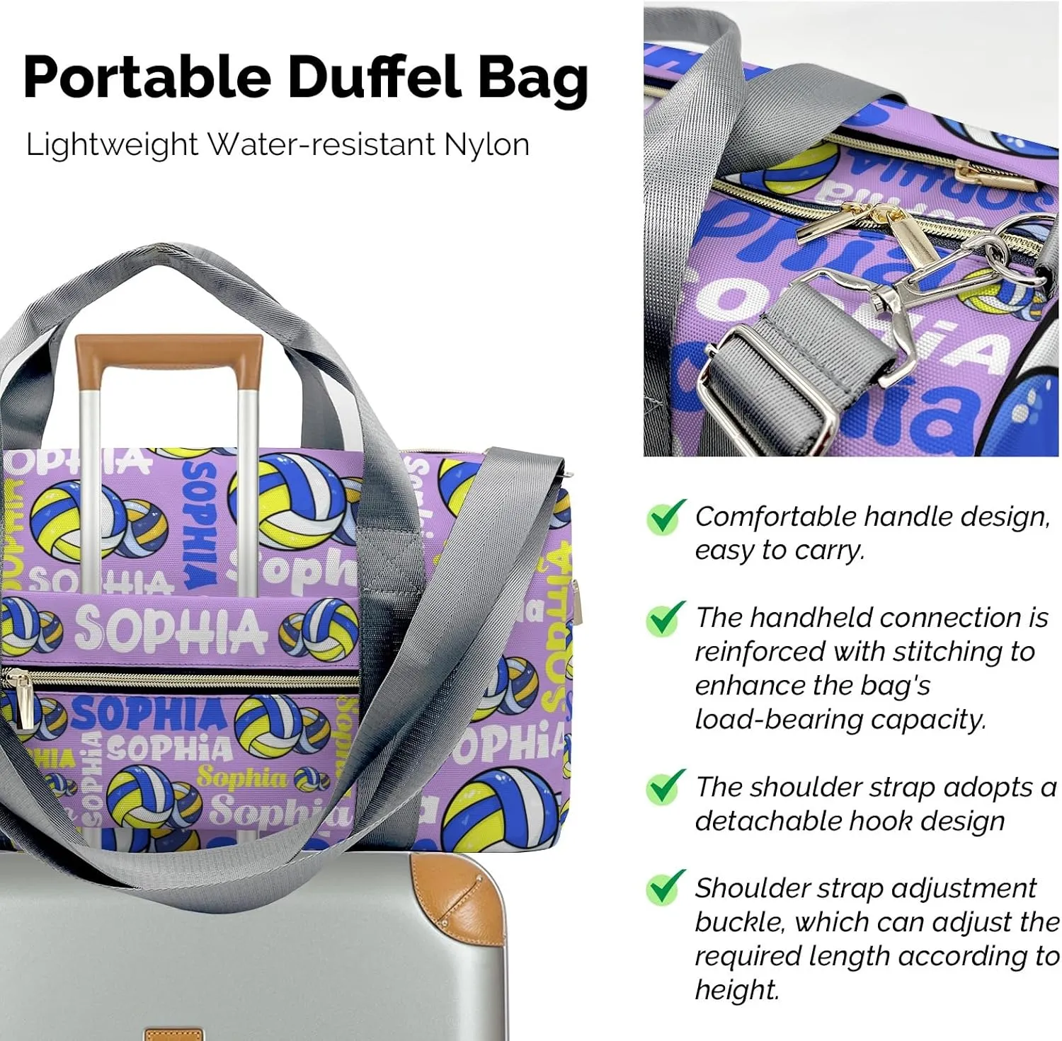 Personalized Violet Text Volleyball Duffel Bag,Customized Sport Player Travel Bag for Gifts