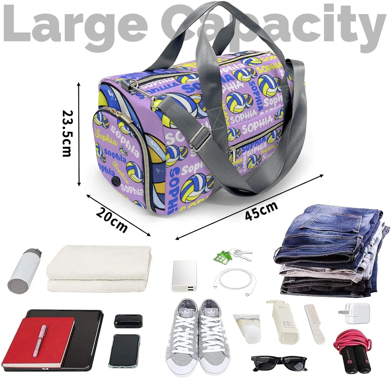 Personalized Violet Text Volleyball Duffel Bag,Customized Sport Player Travel Bag for Gifts