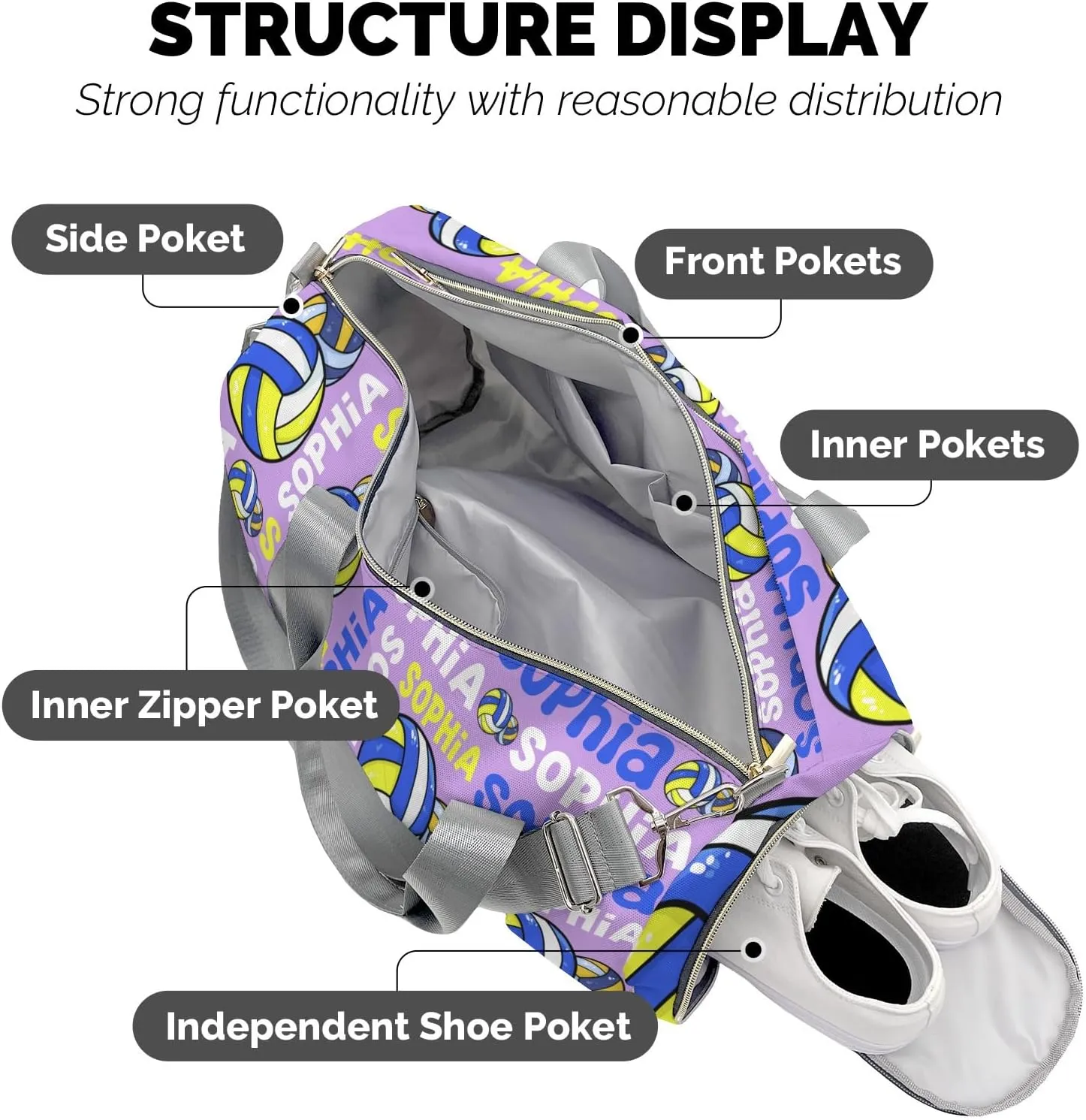 Personalized Violet Text Volleyball Duffel Bag,Customized Sport Player Travel Bag for Gifts
