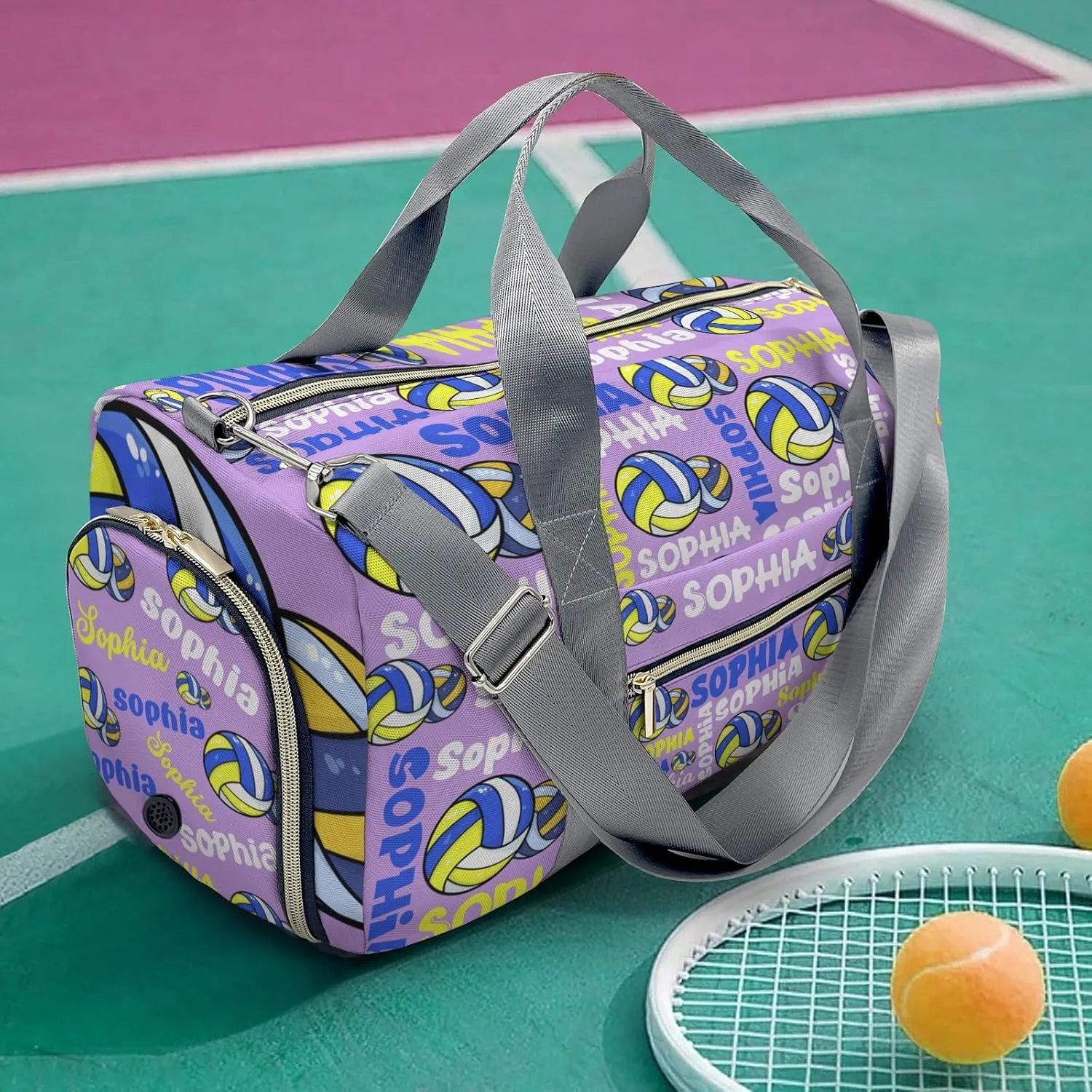 Personalized Violet Text Volleyball Duffel Bag,Customized Sport Player Travel Bag for Gifts