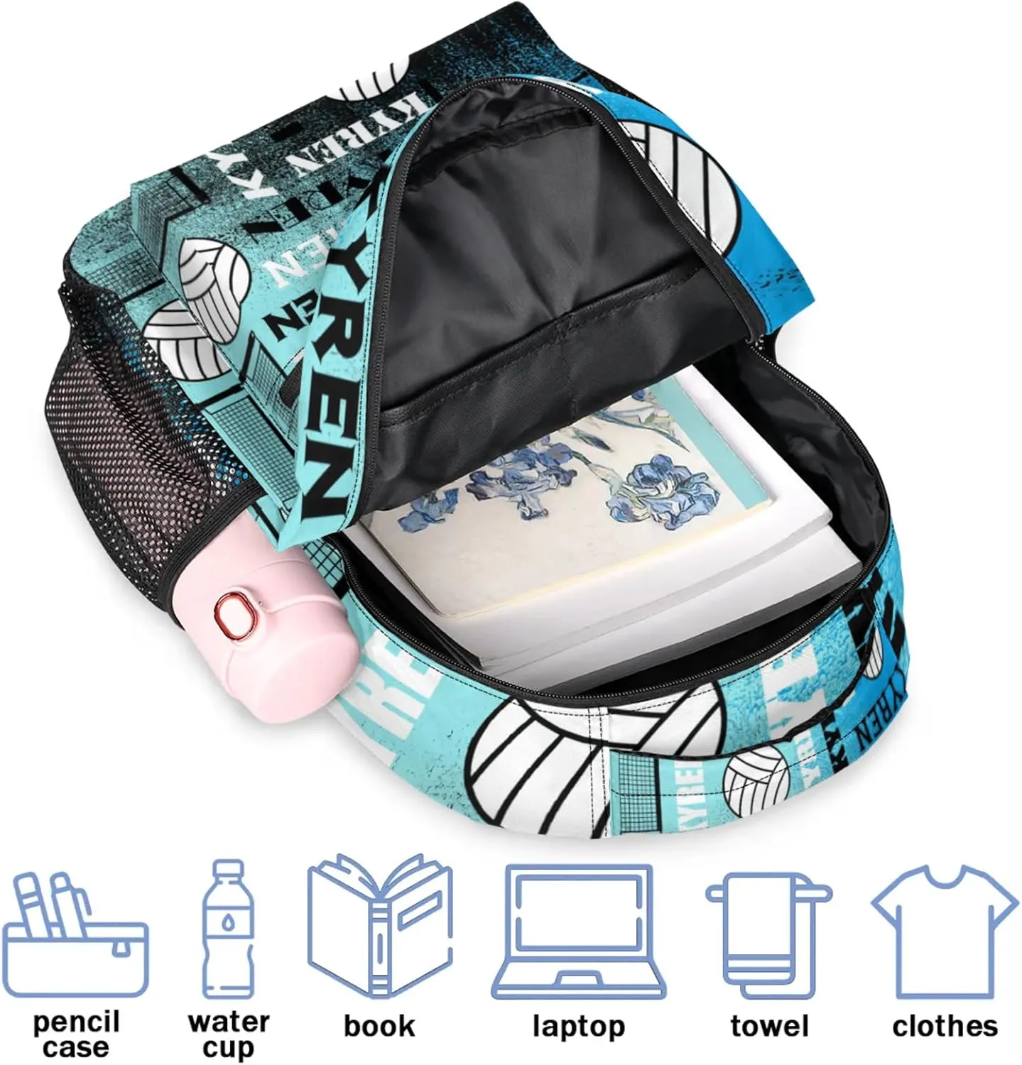 Personalized Volleyball Backpack for Men Women, Custom Name Laptop Backpack, Sports Bag Daypack for Travel Camping, Blue