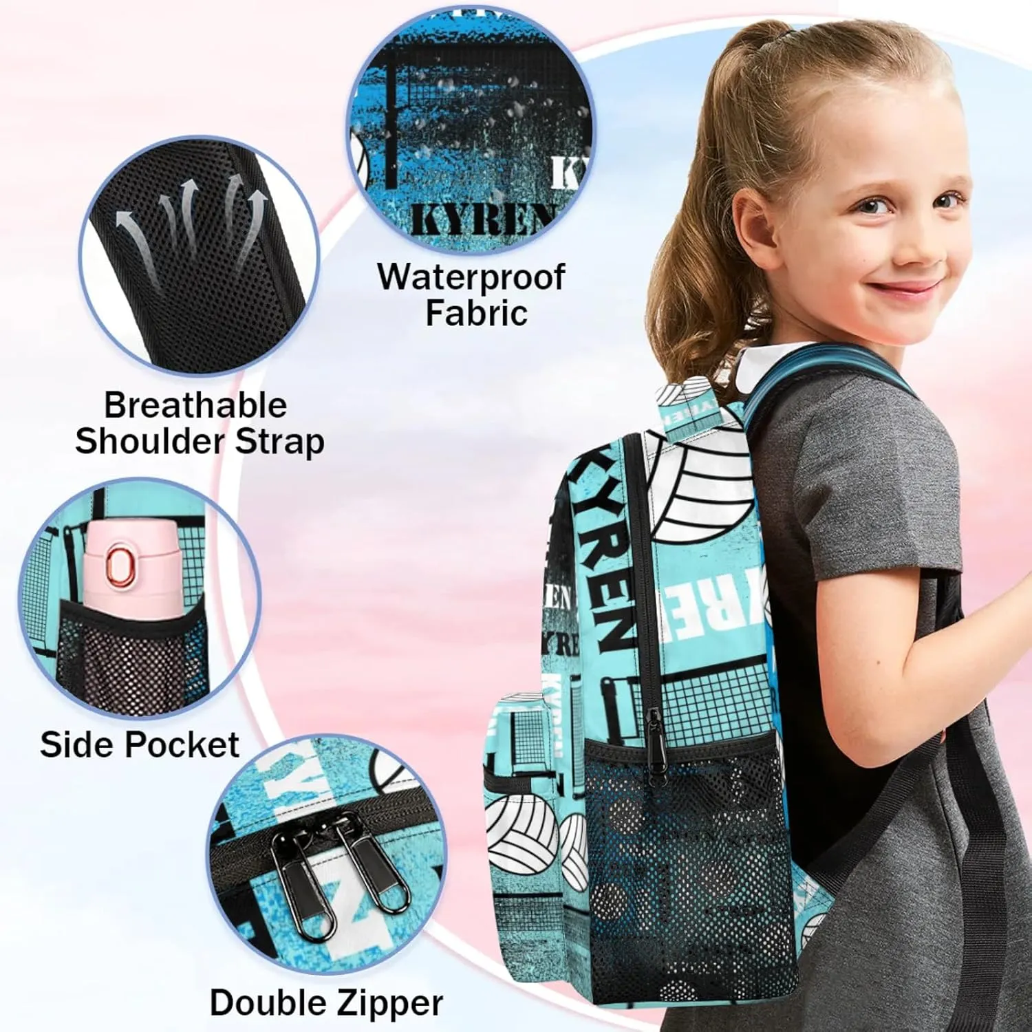 Personalized Volleyball Backpack for Men Women, Custom Name Laptop Backpack, Sports Bag Daypack for Travel Camping, Blue