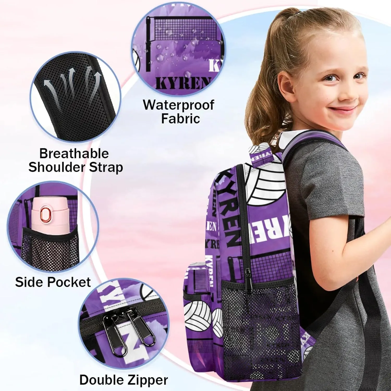 Personalized Volleyball Backpack with Name, Custom Sports Bag Backpack for Men Women, Laptop Daypack for Travel Camping Hiking, Purple
