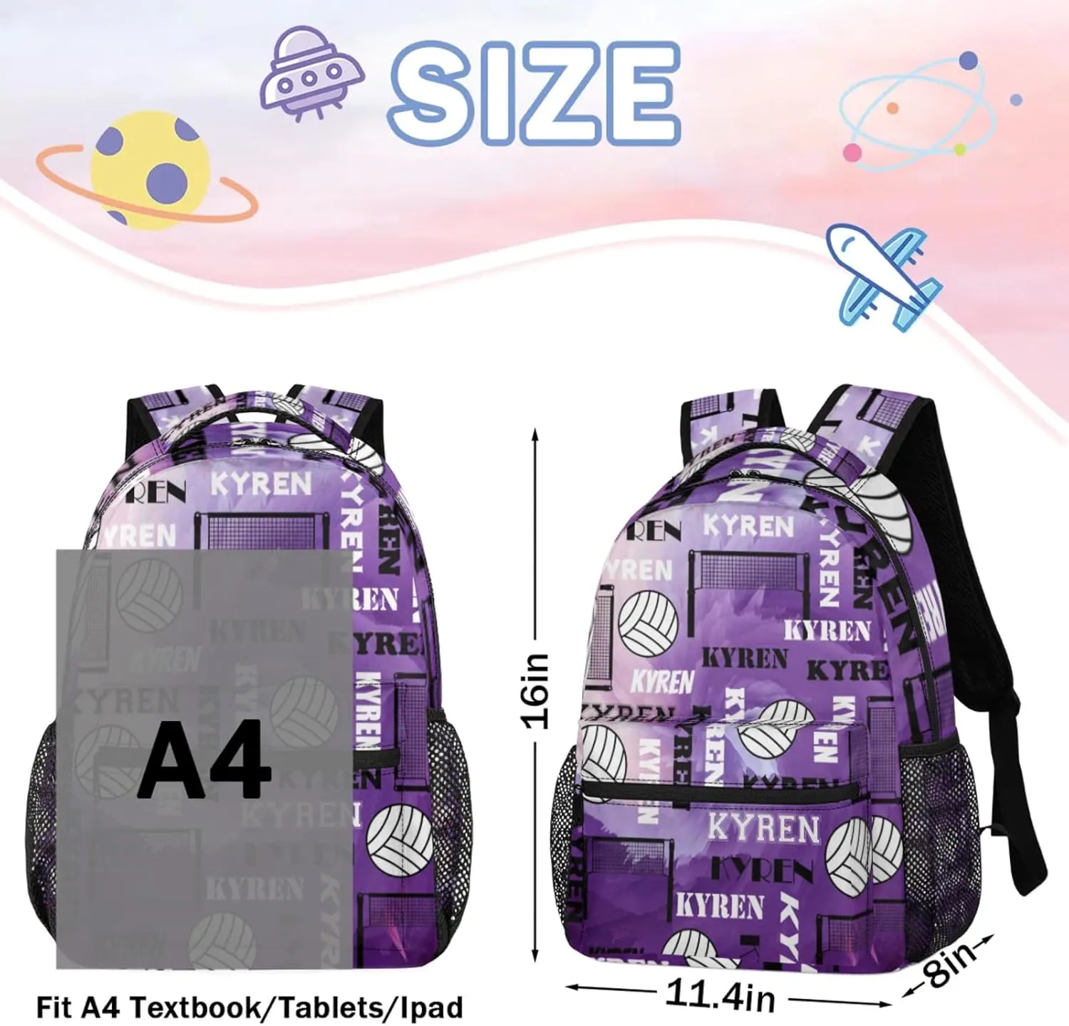 Personalized Volleyball Backpack with Name, Custom Sports Bag Backpack for Men Women, Laptop Daypack for Travel Camping Hiking, Purple