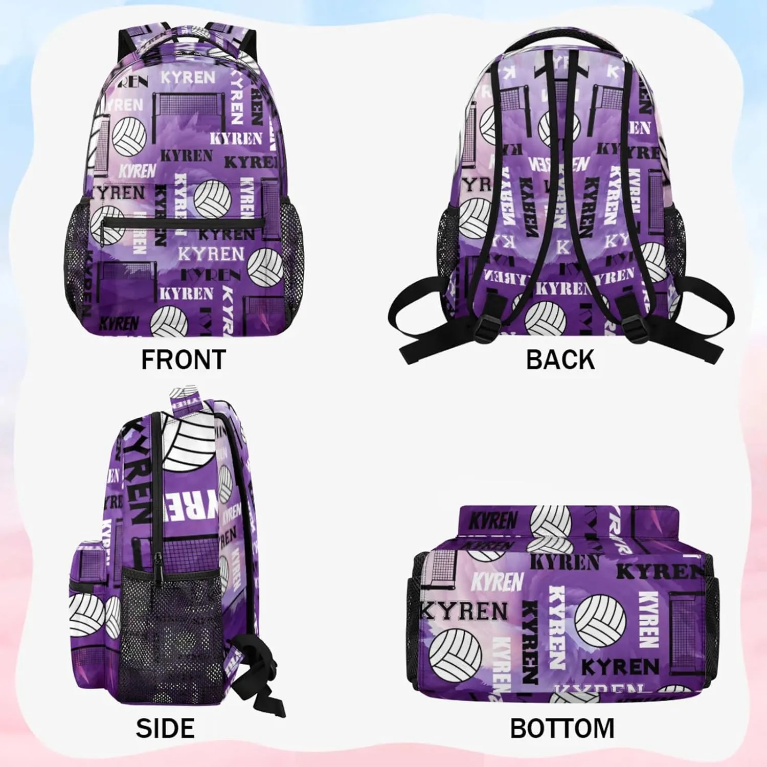 Personalized Volleyball Backpack with Name, Custom Sports Bag Backpack for Men Women, Laptop Daypack for Travel Camping Hiking, Purple