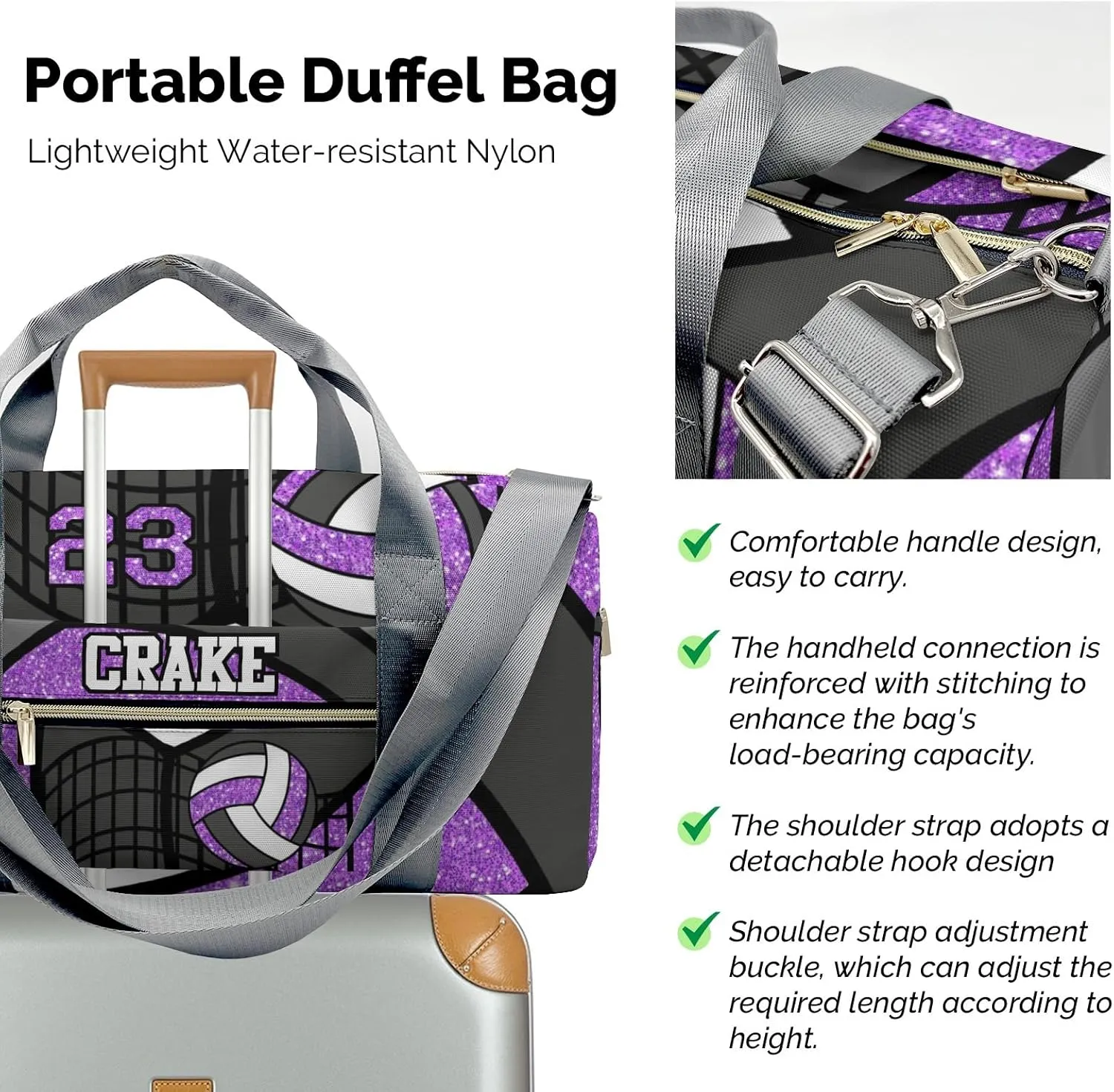 Personalized Volleyball Glitter Purple Duffel Bag,Customized Sport Player Travel Bag for Gifts