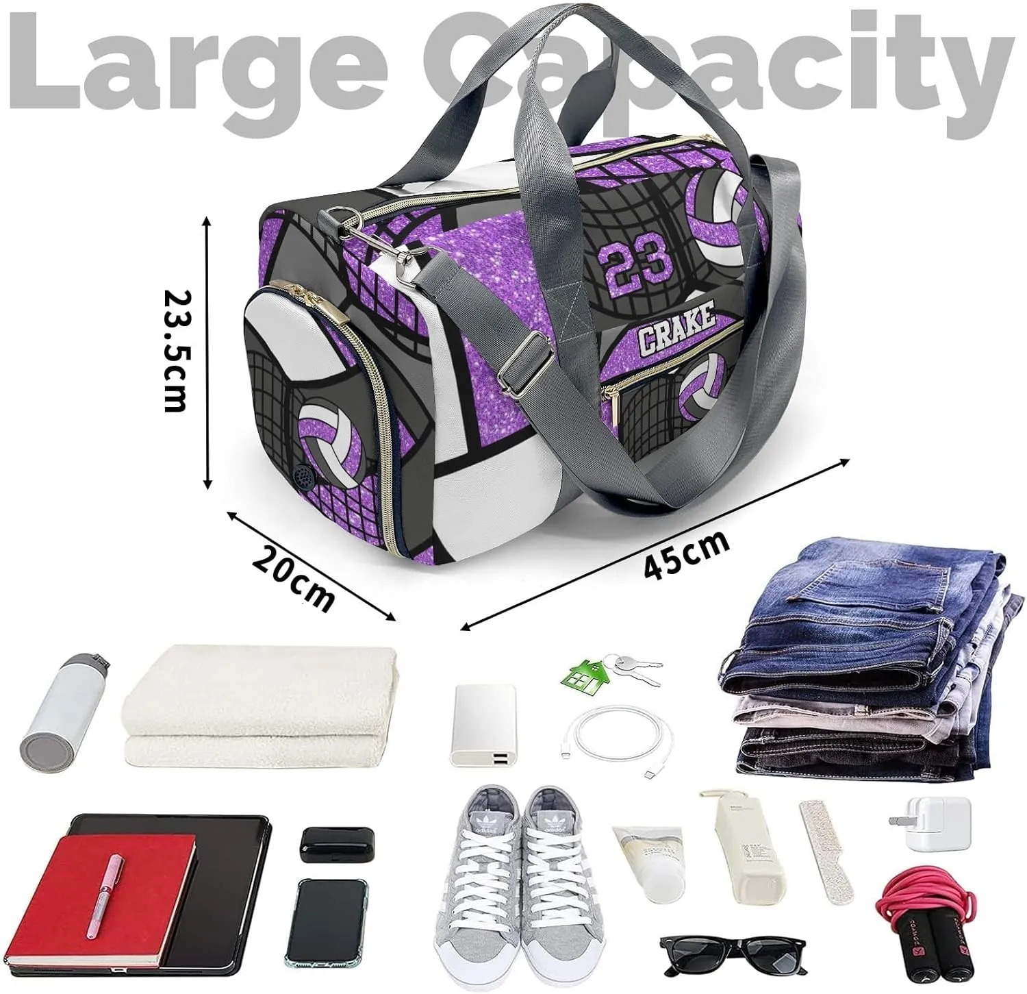 Personalized Volleyball Glitter Purple Duffel Bag,Customized Sport Player Travel Bag for Gifts