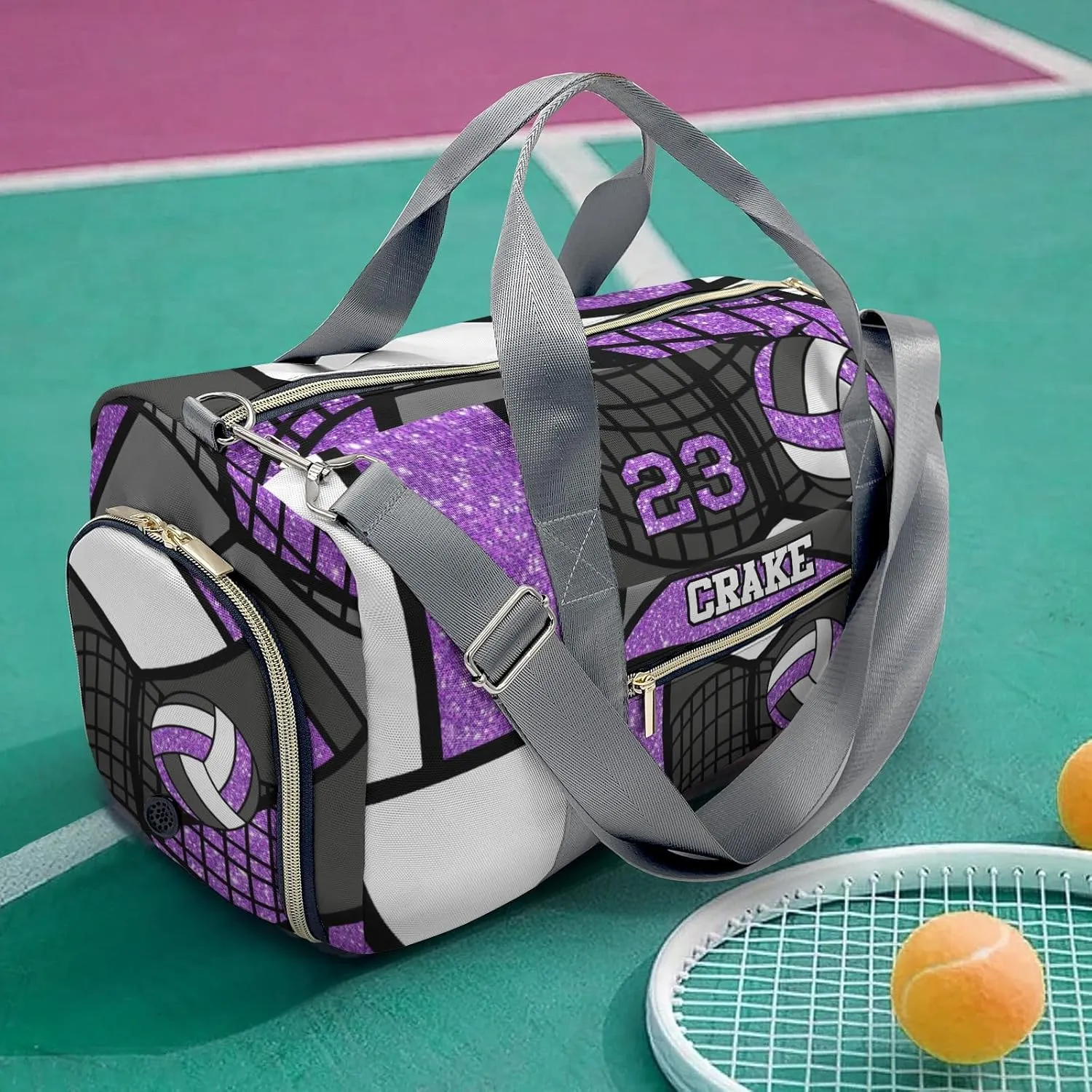 Personalized Volleyball Glitter Purple Duffel Bag,Customized Sport Player Travel Bag for Gifts