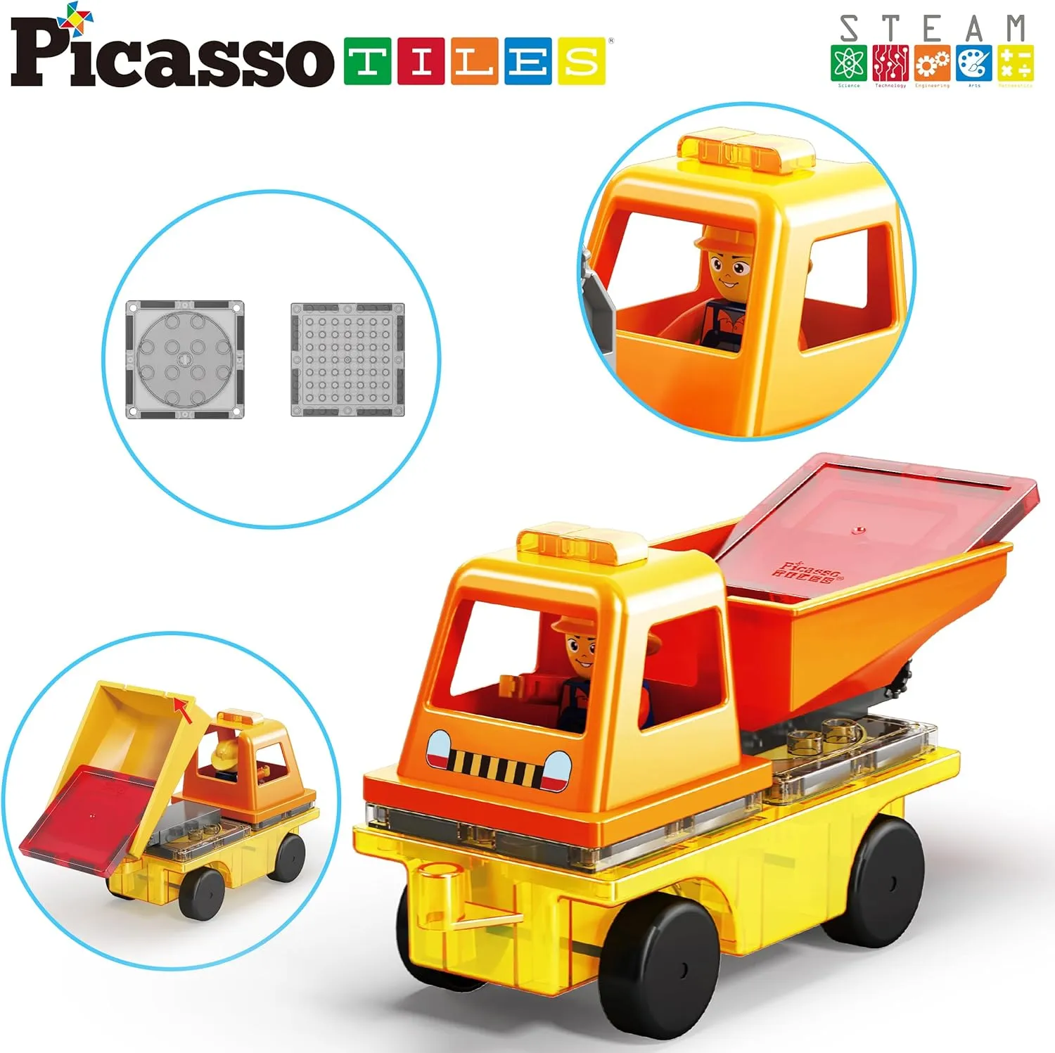 PicassoTiles Magnet Tile Building Blocks 3-in-1 Crane, Dump Truck, and Ladder Construction Vehicle Brick Compatible Magnetic Tiles Toy Set with Car Base Character Action STEM Learning Kit Age 3  PTU03