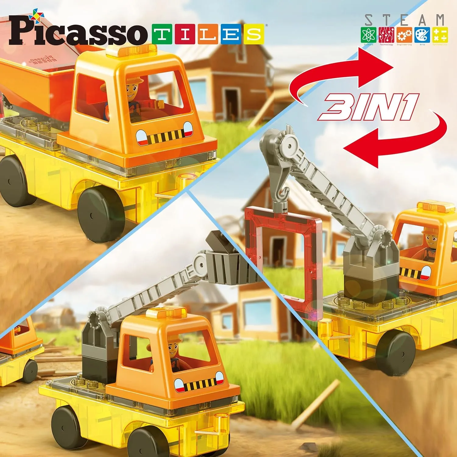PicassoTiles Magnet Tile Building Blocks 3-in-1 Crane, Dump Truck, and Ladder Construction Vehicle Brick Compatible Magnetic Tiles Toy Set with Car Base Character Action STEM Learning Kit Age 3  PTU03