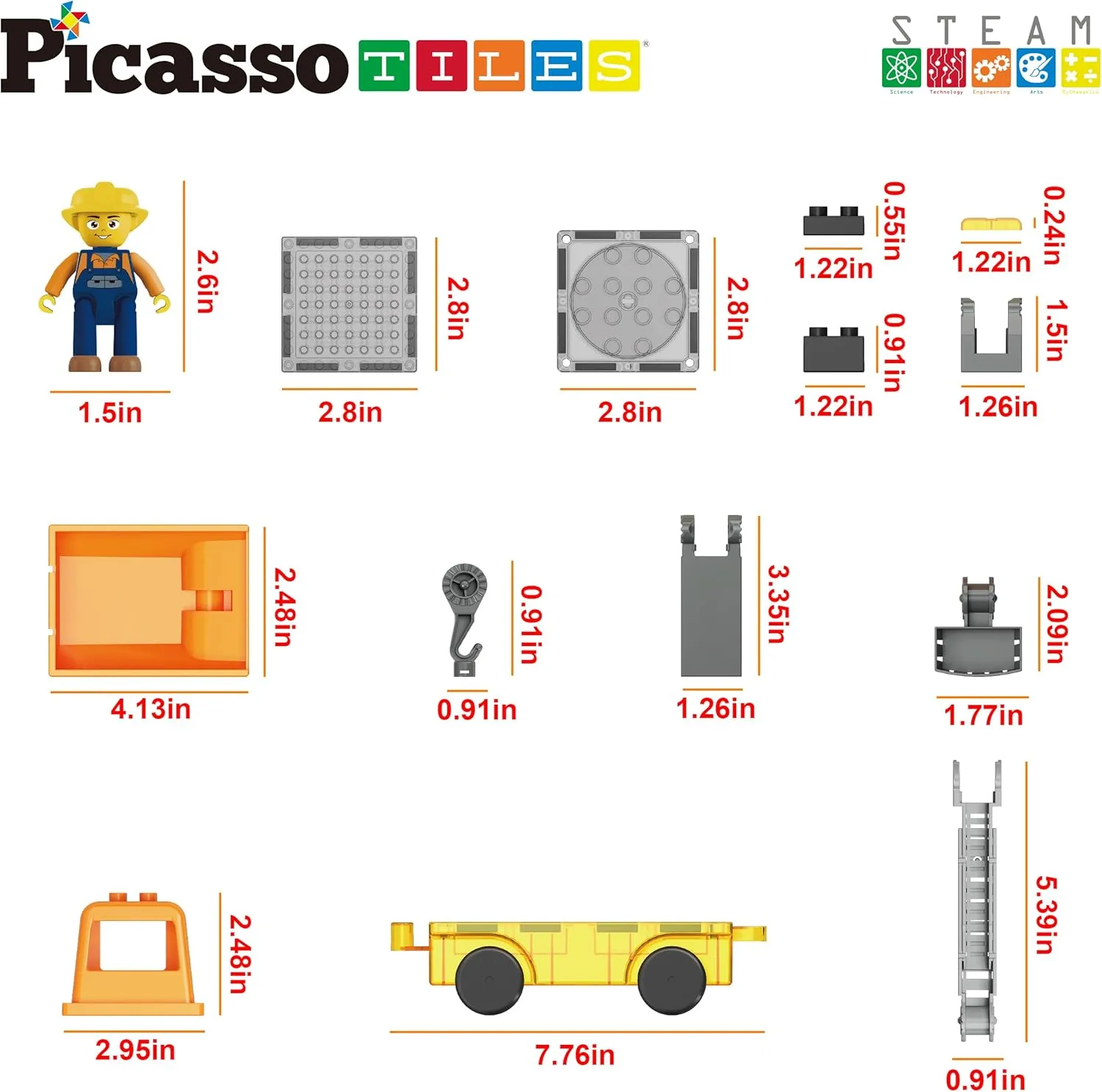 PicassoTiles Magnet Tile Building Blocks 3-in-1 Crane, Dump Truck, and Ladder Construction Vehicle Brick Compatible Magnetic Tiles Toy Set with Car Base Character Action STEM Learning Kit Age 3  PTU03
