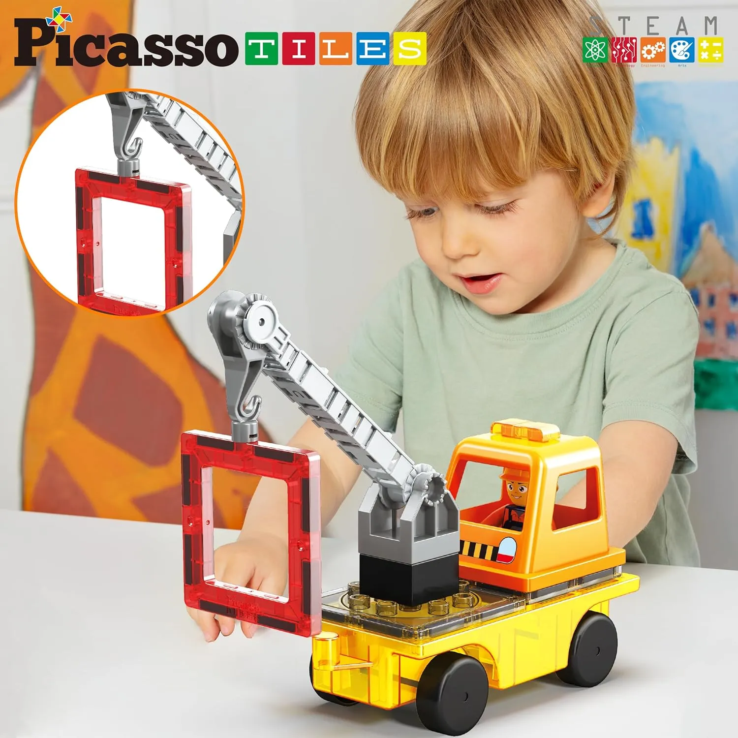 PicassoTiles Magnet Tile Building Blocks 3-in-1 Crane, Dump Truck, and Ladder Construction Vehicle Brick Compatible Magnetic Tiles Toy Set with Car Base Character Action STEM Learning Kit Age 3  PTU03