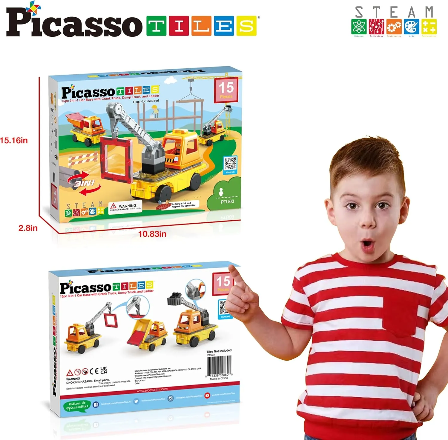 PicassoTiles Magnet Tile Building Blocks 3-in-1 Crane, Dump Truck, and Ladder Construction Vehicle Brick Compatible Magnetic Tiles Toy Set with Car Base Character Action STEM Learning Kit Age 3  PTU03