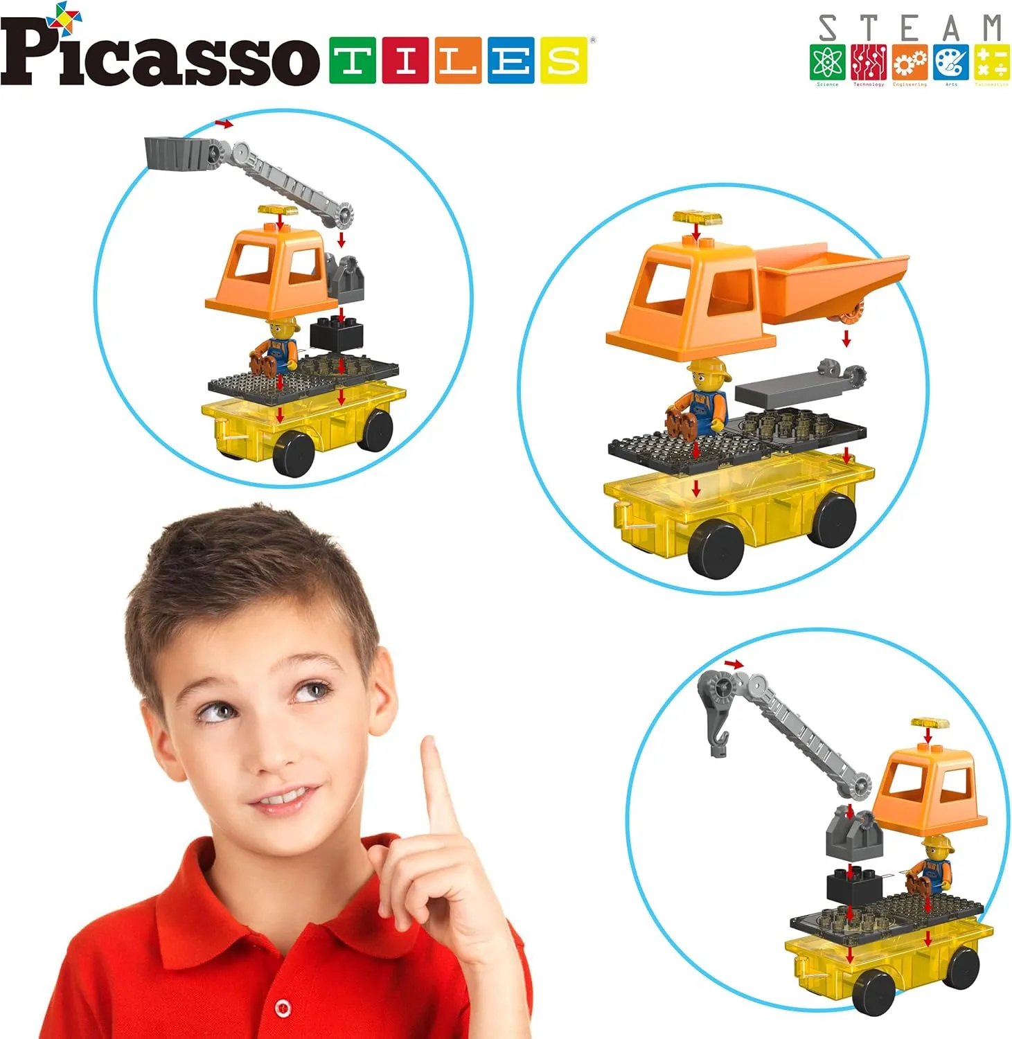 PicassoTiles Magnet Tile Building Blocks 3-in-1 Crane, Dump Truck, and Ladder Construction Vehicle Brick Compatible Magnetic Tiles Toy Set with Car Base Character Action STEM Learning Kit Age 3  PTU03