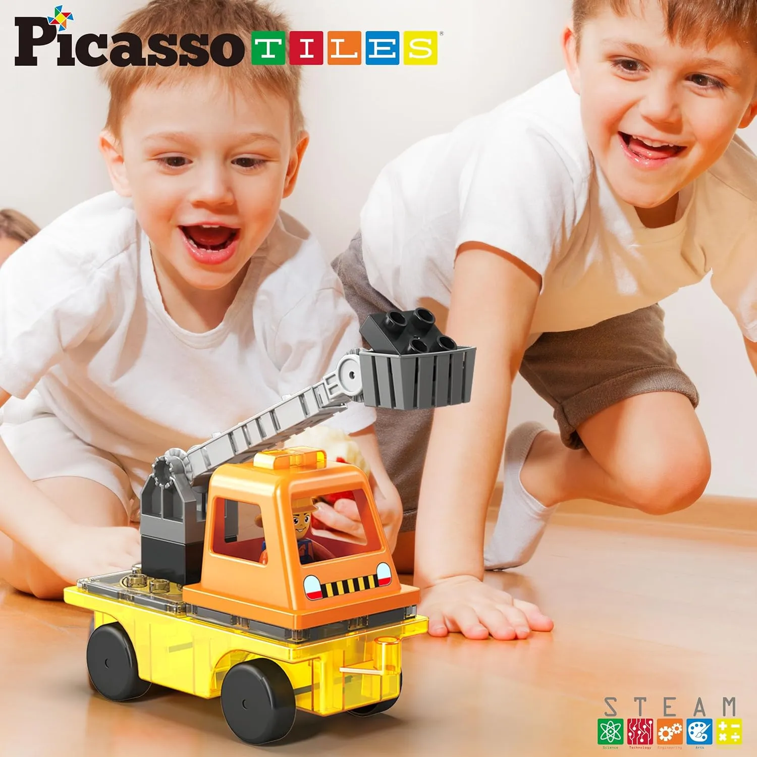 PicassoTiles Magnet Tile Building Blocks 3-in-1 Crane, Dump Truck, and Ladder Construction Vehicle Brick Compatible Magnetic Tiles Toy Set with Car Base Character Action STEM Learning Kit Age 3  PTU03