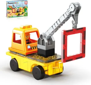 PicassoTiles Magnet Tile Building Blocks 3-in-1 Crane, Dump Truck, and Ladder Construction Vehicle Brick Compatible Magnetic Tiles Toy Set with Car Base Character Action STEM Learning Kit Age 3  PTU03