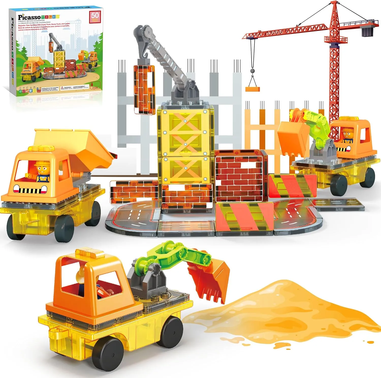 PicassoTiles Magnet Tile Construction Themed Building Blocks 5-in-1 Crane, Ladder, Dump Truck, Excavator, and Backhoe Action Figures, 2 Car Base Vehicles Magnetic Tiles Learning Toys Kids Ages3  PTU06