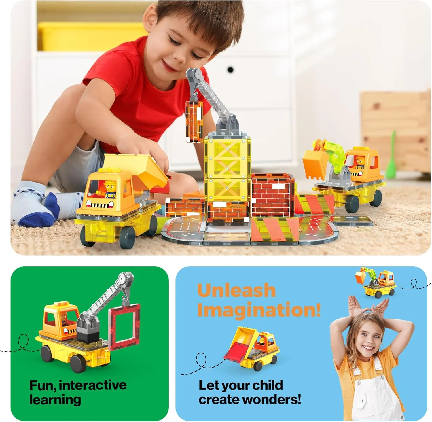 PicassoTiles Magnet Tile Construction Themed Building Blocks 5-in-1 Crane, Ladder, Dump Truck, Excavator, and Backhoe Action Figures, 2 Car Base Vehicles Magnetic Tiles Learning Toys Kids Ages3  PTU06