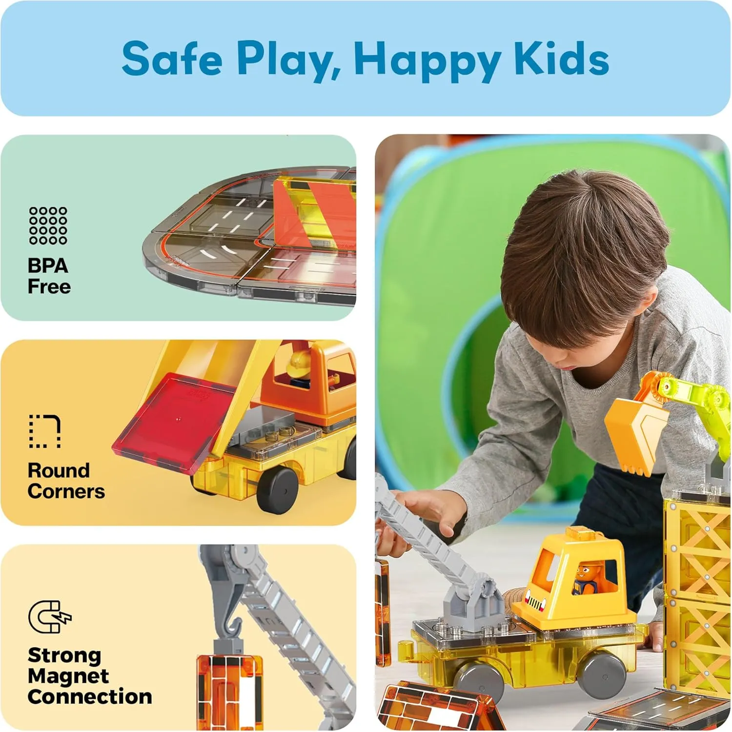 PicassoTiles Magnet Tile Construction Themed Building Blocks 5-in-1 Crane, Ladder, Dump Truck, Excavator, and Backhoe Action Figures, 2 Car Base Vehicles Magnetic Tiles Learning Toys Kids Ages3  PTU06