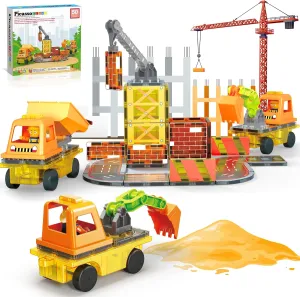 PicassoTiles Magnet Tile Construction Themed Building Blocks 5-in-1 Crane, Ladder, Dump Truck, Excavator, and Backhoe Action Figures, 2 Car Base Vehicles Magnetic Tiles Learning Toys Kids Ages3  PTU06