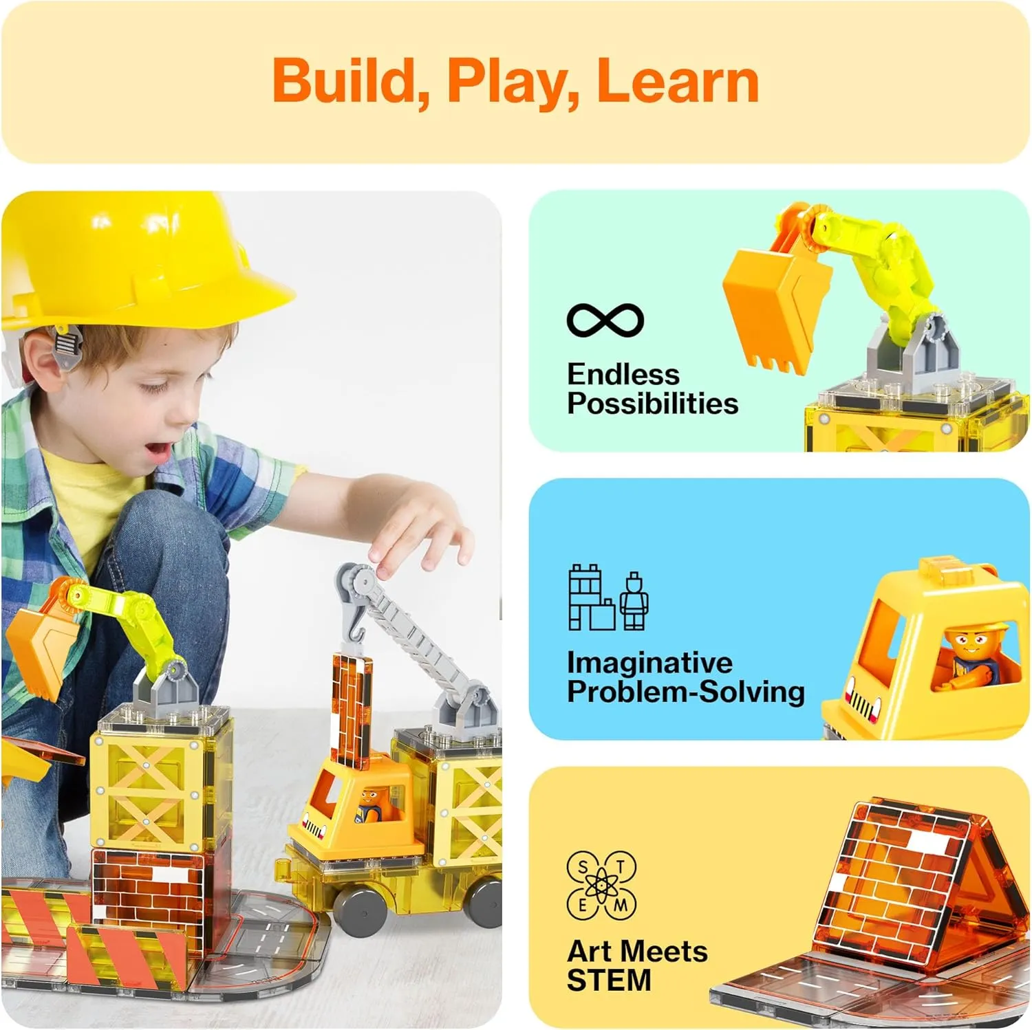 PicassoTiles Magnet Tile Construction Themed Building Blocks 5-in-1 Crane, Ladder, Dump Truck, Excavator, and Backhoe Action Figures, 2 Car Base Vehicles Magnetic Tiles Learning Toys Kids Ages3  PTU06