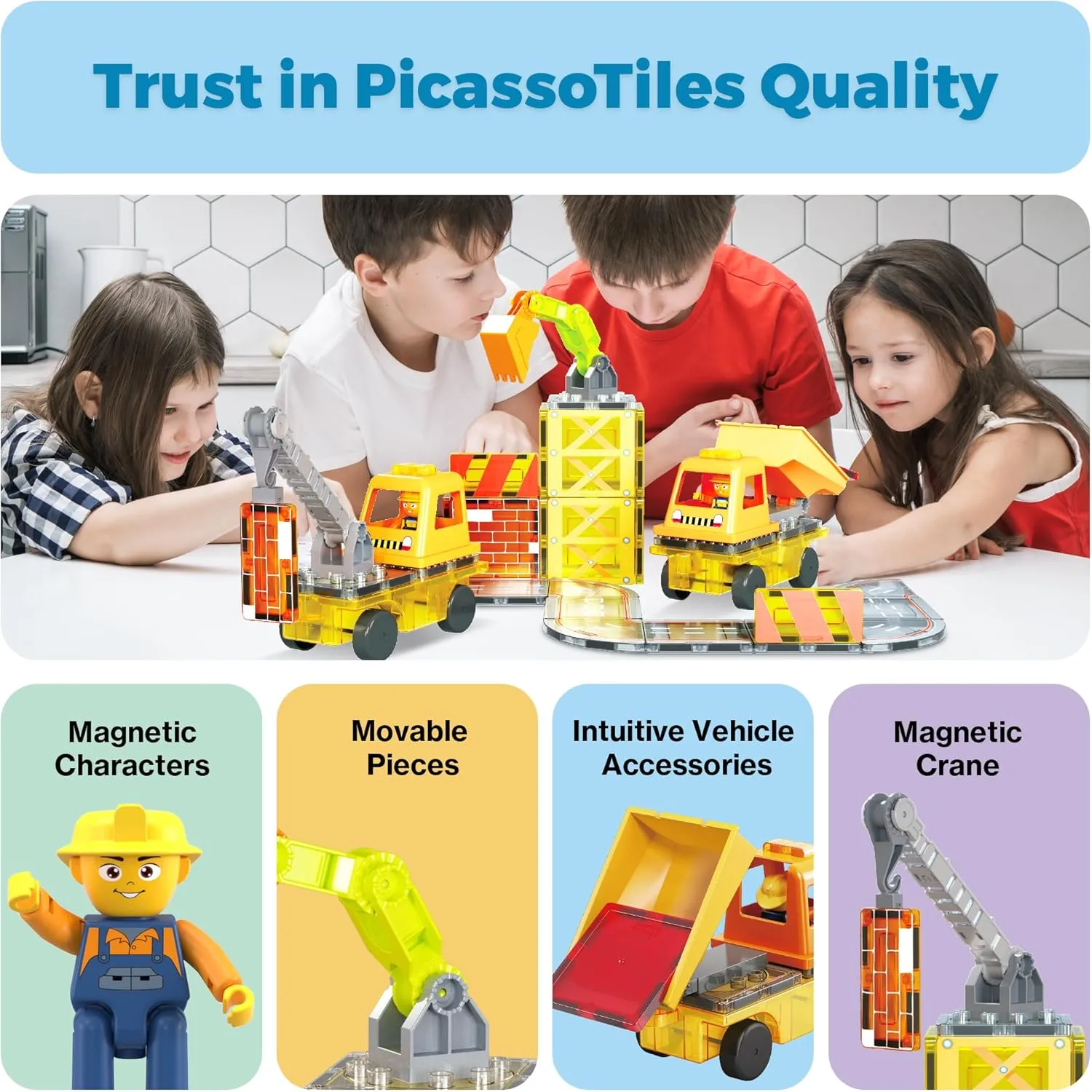 PicassoTiles Magnet Tile Construction Themed Building Blocks 5-in-1 Crane, Ladder, Dump Truck, Excavator, and Backhoe Action Figures, 2 Car Base Vehicles Magnetic Tiles Learning Toys Kids Ages3  PTU06