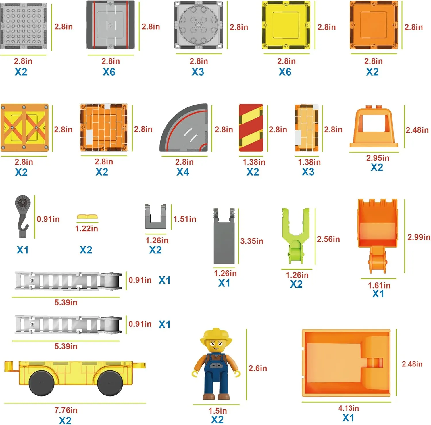 PicassoTiles Magnet Tile Construction Themed Building Blocks 5-in-1 Crane, Ladder, Dump Truck, Excavator, and Backhoe Action Figures, 2 Car Base Vehicles Magnetic Tiles Learning Toys Kids Ages3  PTU06