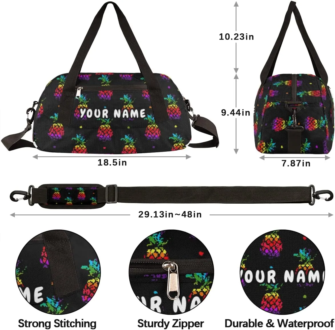 Pineapples Personalized Kids Duffel Bag for Girls Boys, Pineapples Debris Custom Name Dance Bag Overnight Small Duffel Bag Carry On Weekend Sports Travel Bag for School Practice Gymnastics Ballet