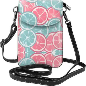 Pink Blue Citrus Slices Prints Leather Crossbody Flap Phone Bag - Versatile Gift for Women Walking, Camping, Shopping, and Travel