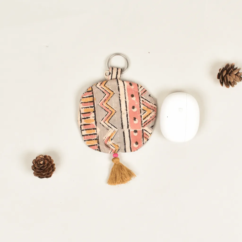 Pink kalamkari Round Pouch – Lip Balm / Earbuds Holder