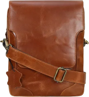 Pitaara Genuine Leather Crossbody Messenger Bag with Front Flap, Unisex, Full Grain Leather Shoulder Travel Bag, Tablet Bag
