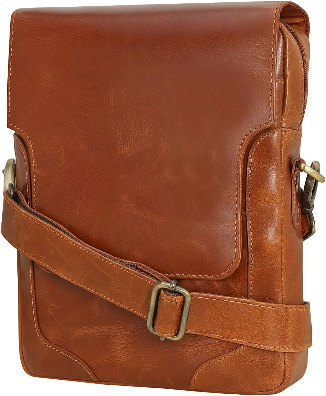 Pitaara Genuine Leather Crossbody Messenger Bag with Front Flap, Unisex, Full Grain Leather Shoulder Travel Bag, Tablet Bag