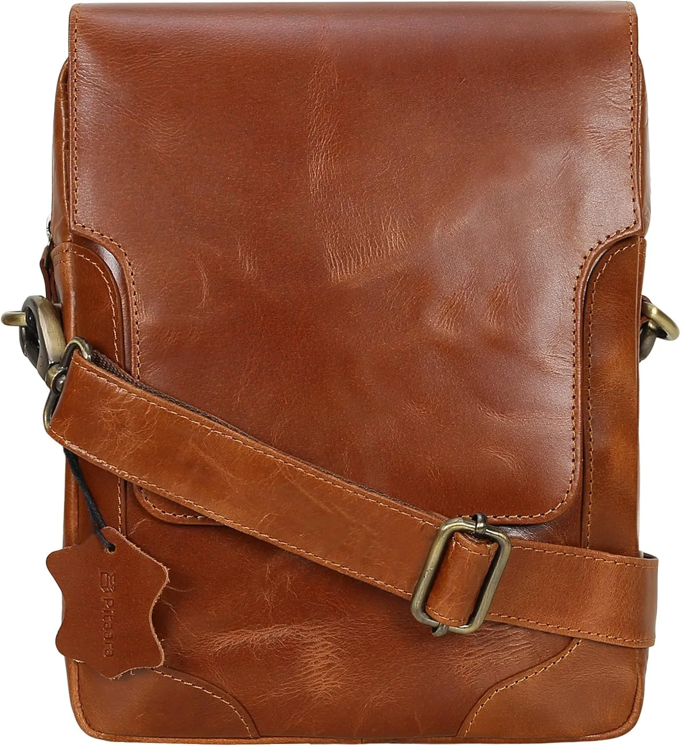 Pitaara Genuine Leather Crossbody Messenger Bag with Front Flap, Unisex, Full Grain Leather Shoulder Travel Bag, Tablet Bag
