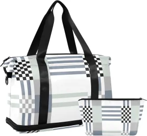 Plaids Beige and White Versatile Sports Travel Bag - Lasting Twill Tote, Removable Wheel & Rod Bagging, Multi-pocket Design, Complimentary Makeup Bag