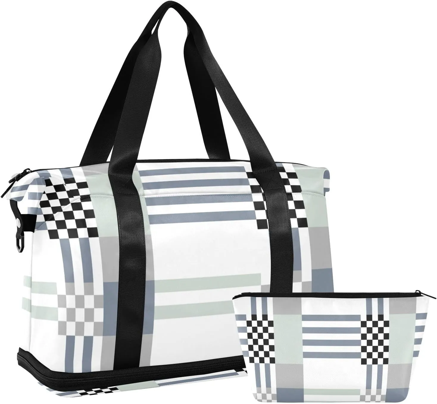 Plaids Beige and White Versatile Sports Travel Bag - Lasting Twill Tote, Removable Wheel & Rod Bagging, Multi-pocket Design, Complimentary Makeup Bag