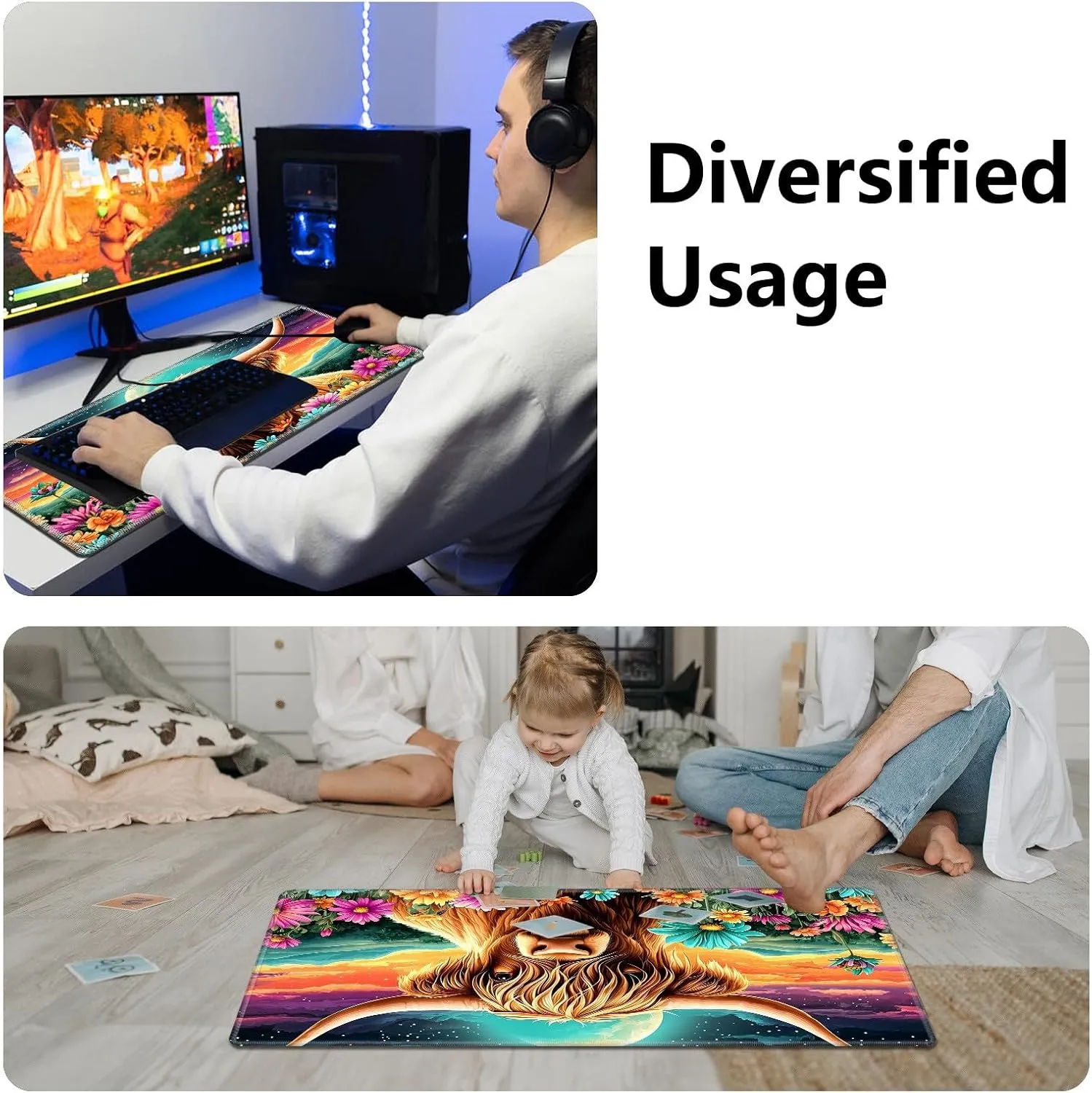 Playmat for MTG, Game Play Mat Card Game Playing 24 x 14 inches Tabletop Magic Play Mats Non-Slip Rubber Base and Stitched Mousepad Desk Mats Playmats for MTG TCG,Cute Highland Cow