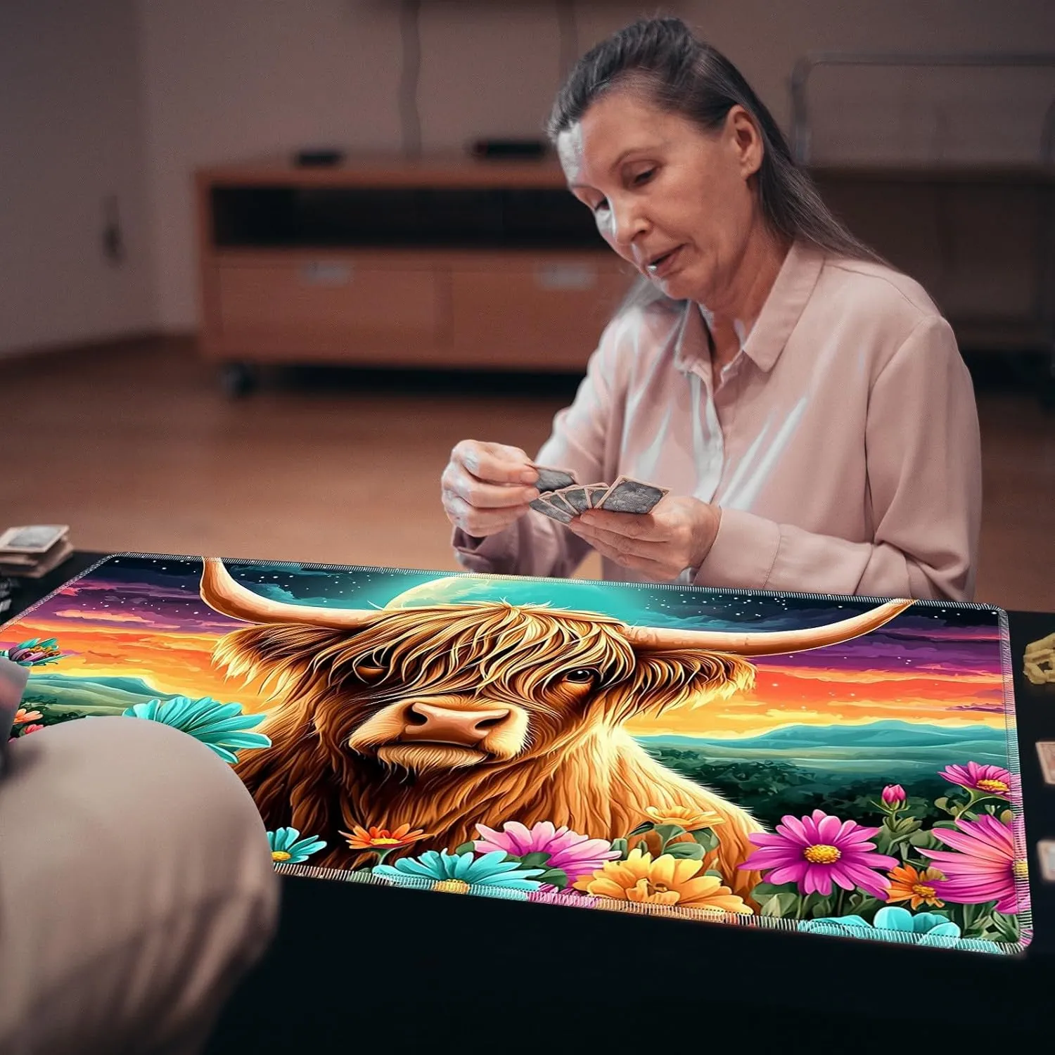 Playmat for MTG, Game Play Mat Card Game Playing 24 x 14 inches Tabletop Magic Play Mats Non-Slip Rubber Base and Stitched Mousepad Desk Mats Playmats for MTG TCG,Cute Highland Cow