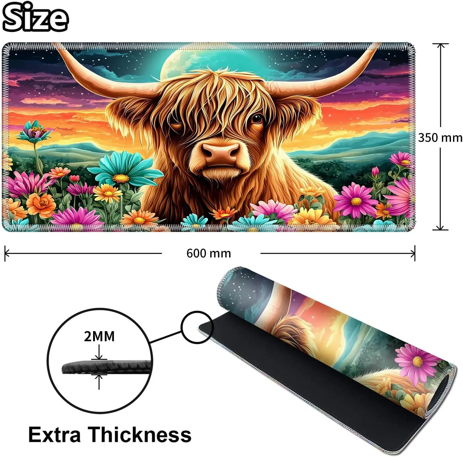 Playmat for MTG, Game Play Mat Card Game Playing 24 x 14 inches Tabletop Magic Play Mats Non-Slip Rubber Base and Stitched Mousepad Desk Mats Playmats for MTG TCG,Cute Highland Cow