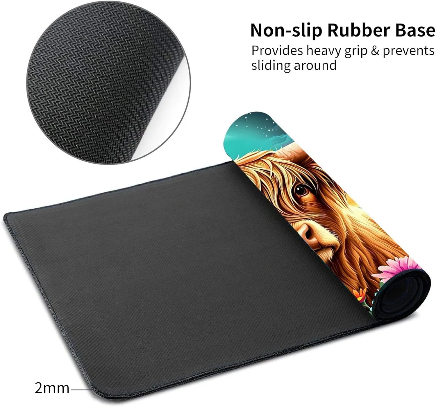 Playmat for MTG, Game Play Mat Card Game Playing 24 x 14 inches Tabletop Magic Play Mats Non-Slip Rubber Base and Stitched Mousepad Desk Mats Playmats for MTG TCG,Cute Highland Cow