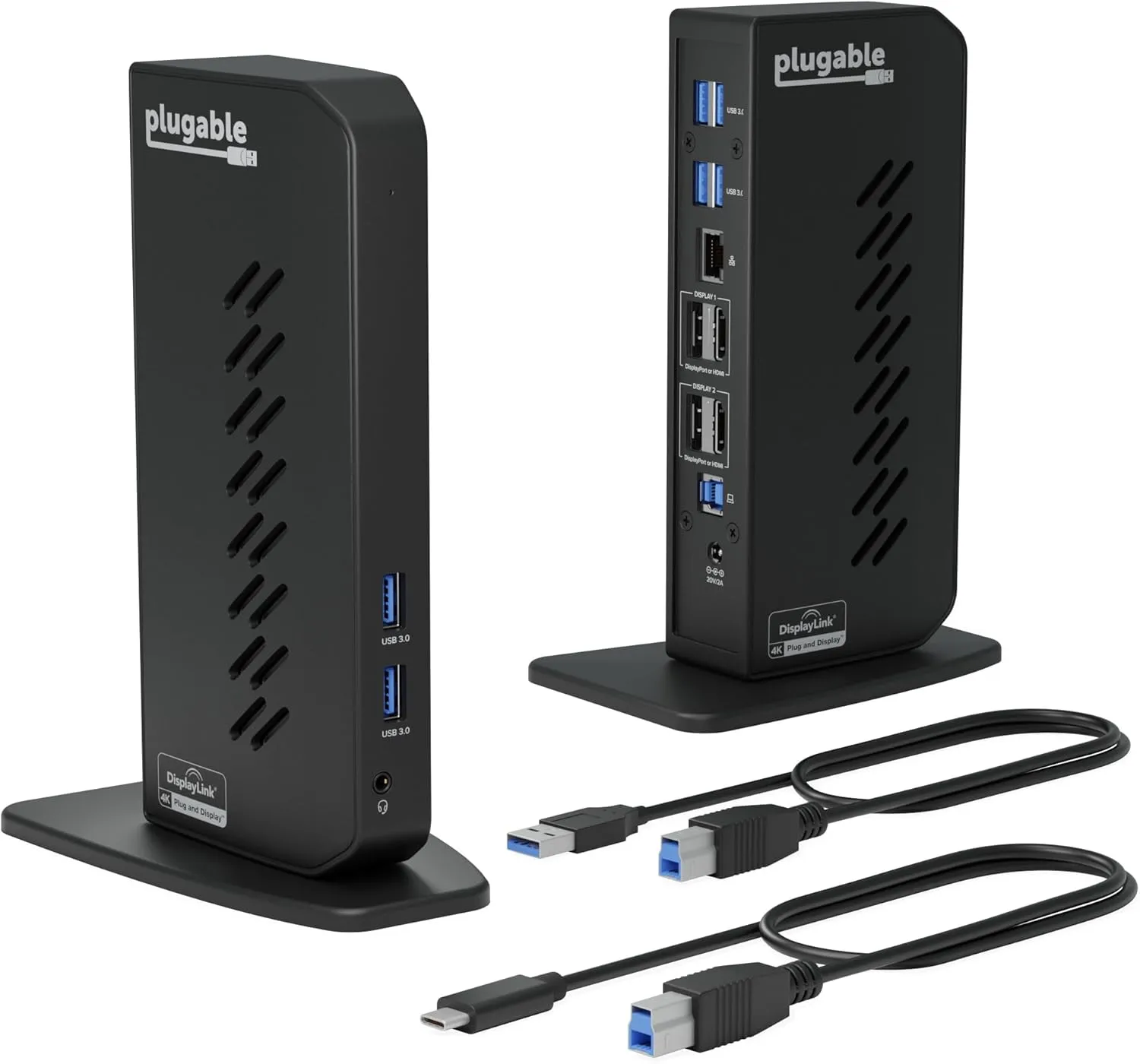 Plugable USB 3.0 and USB-C Dual 4K Display Docking Station with DisplayPort and HDMI for Windows and Mac (Dual 4K DisplayPort & HDMI, Gigabit Ethernet, Audio) Vertical