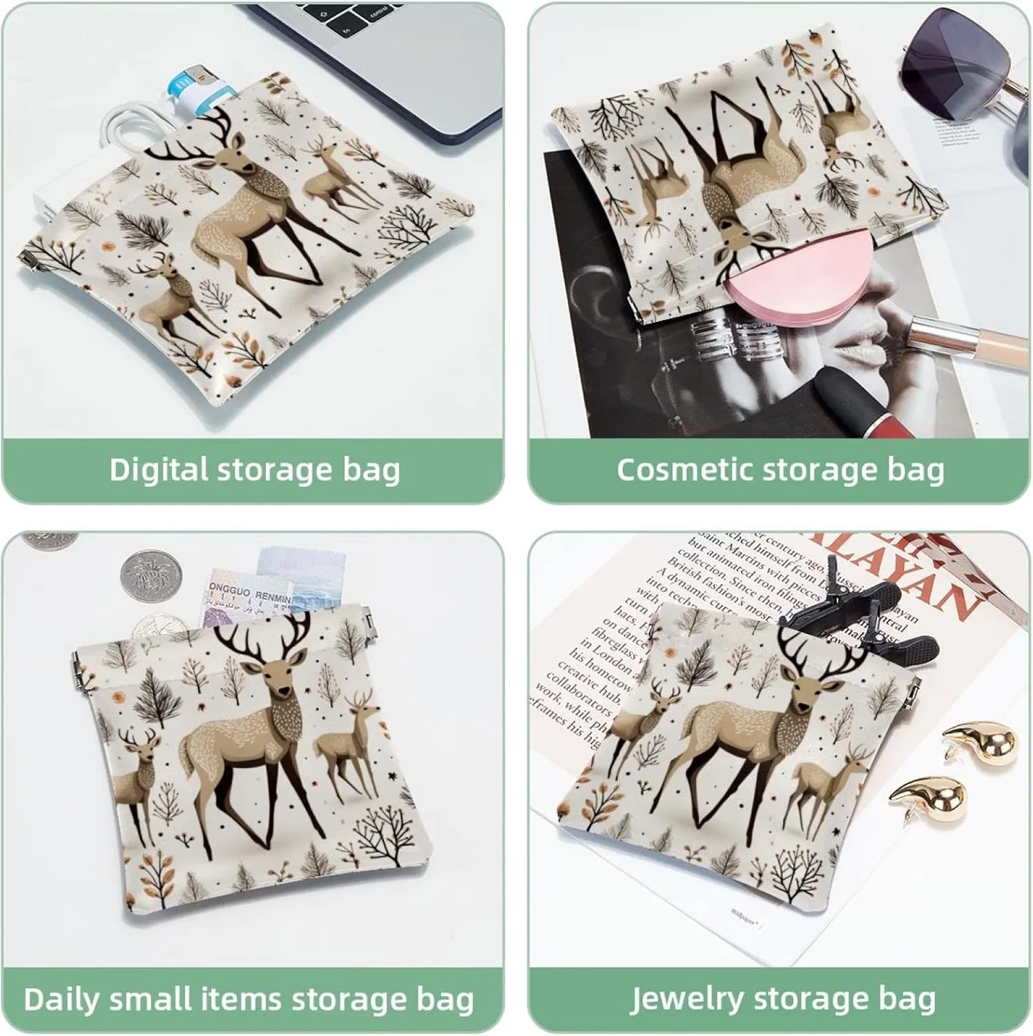 Pocket Cosmetic Bag Squeeze Top, Cute Christmas Elk-69 Waterproof Travel Makeup Bag for Purse, Portable Mini Makeup Pouch No Zipper for Women