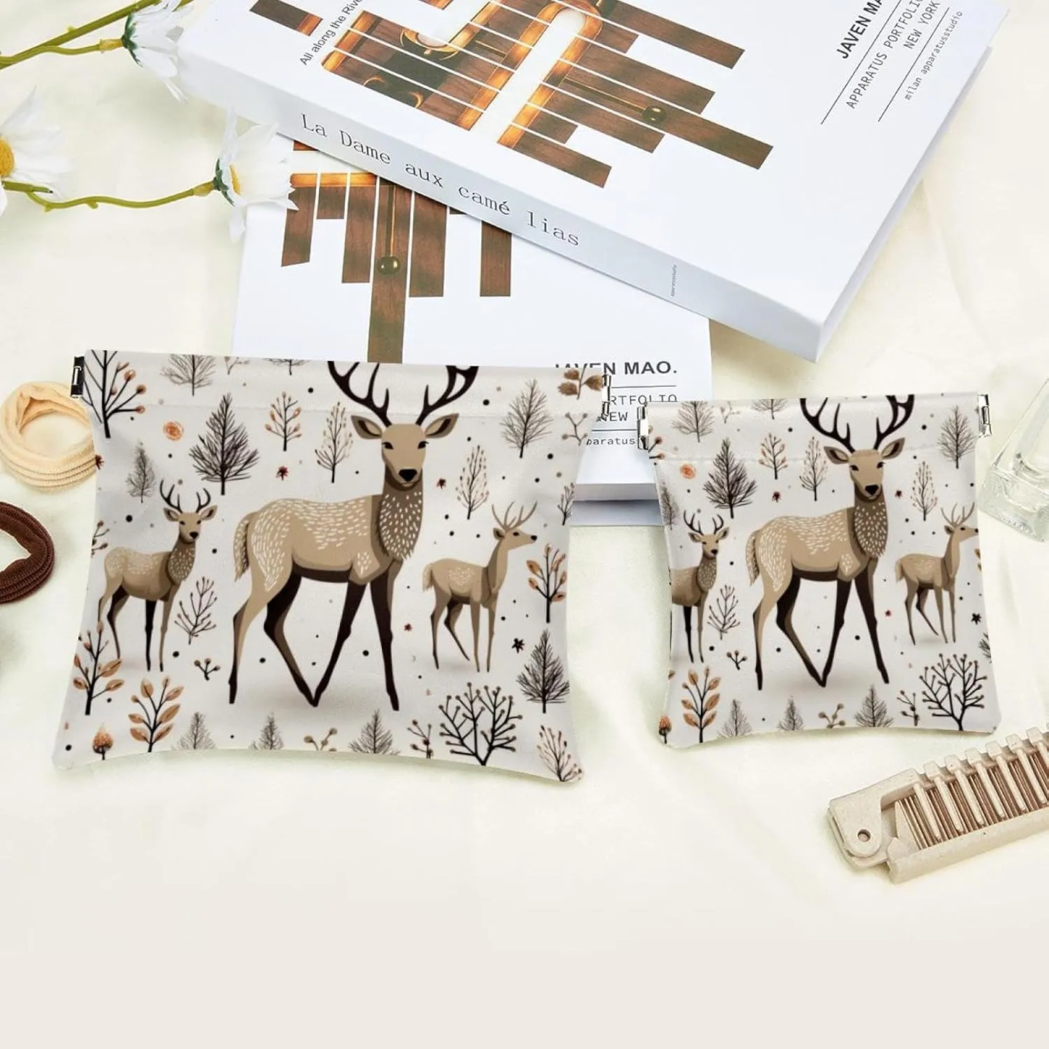 Pocket Cosmetic Bag Squeeze Top, Cute Christmas Elk-69 Waterproof Travel Makeup Bag for Purse, Portable Mini Makeup Pouch No Zipper for Women