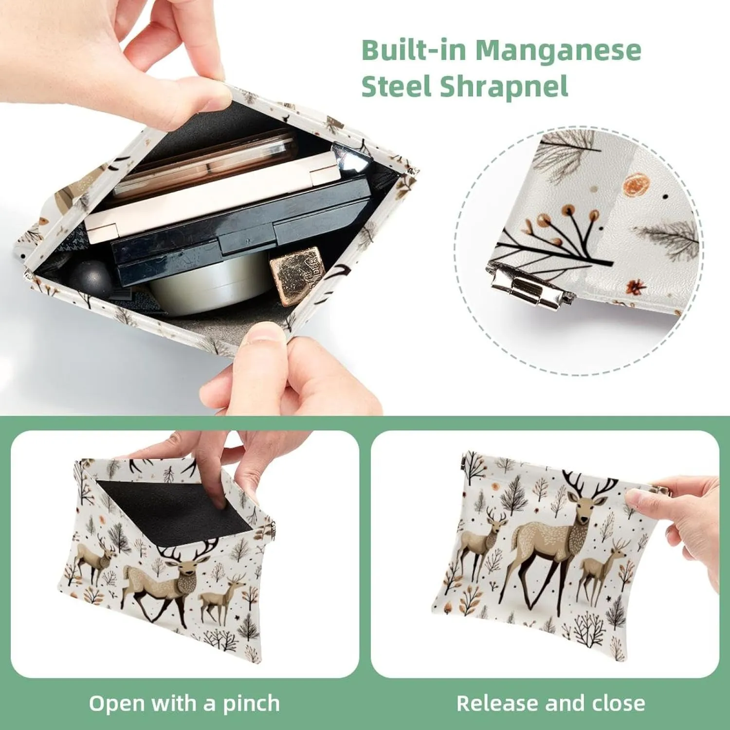 Pocket Cosmetic Bag Squeeze Top, Cute Christmas Elk-69 Waterproof Travel Makeup Bag for Purse, Portable Mini Makeup Pouch No Zipper for Women